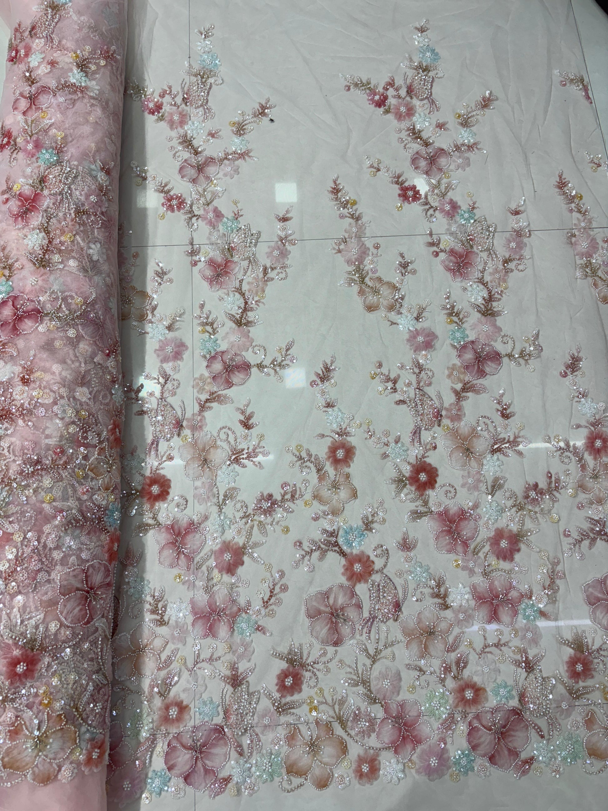 New designer imported ribbon with multicolor beads handwork net fabrics